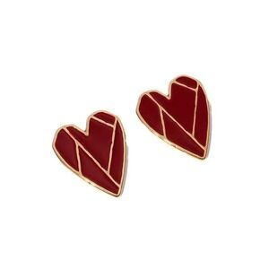 Stainless‎ Steel Red Heart Earrings Gold Trim Geometric Design Dangle Statement